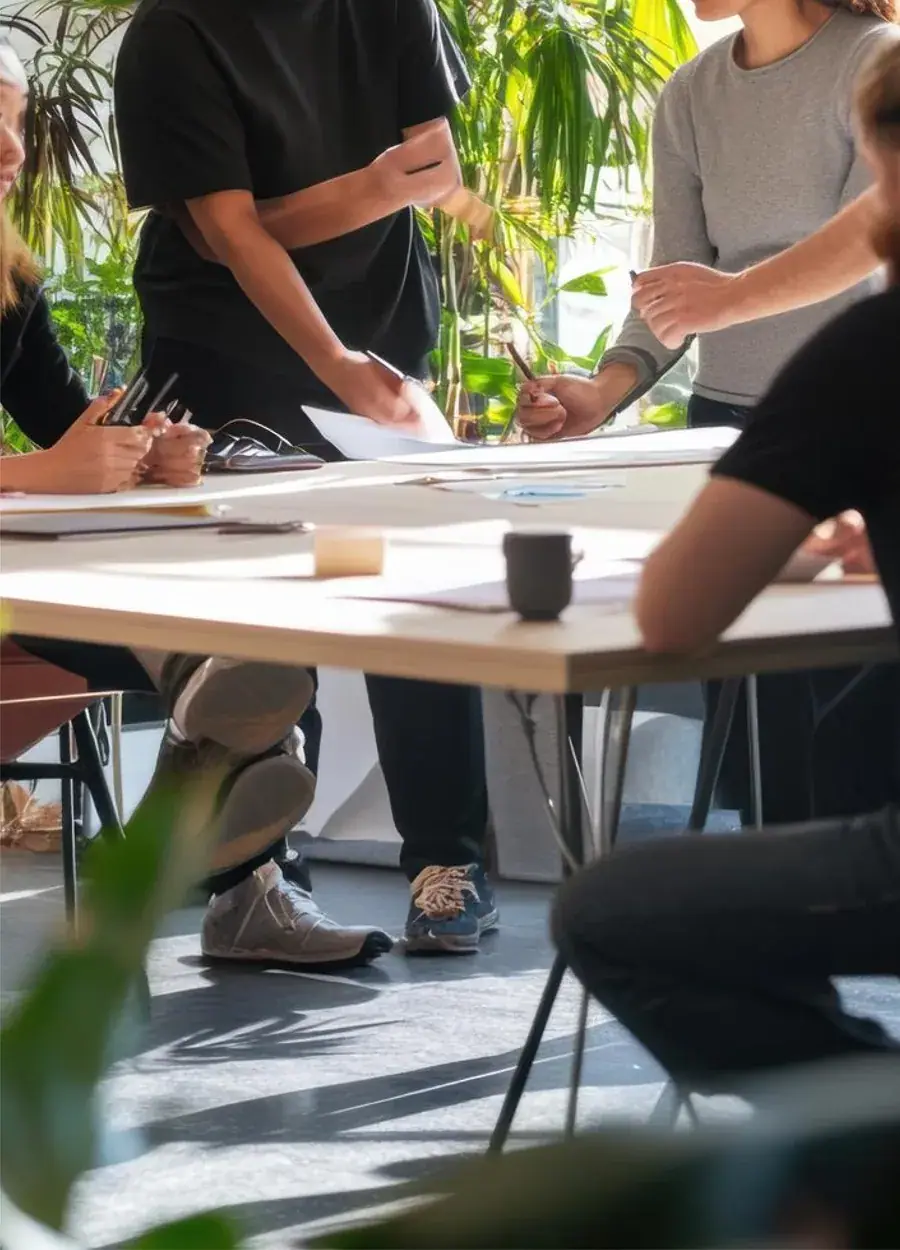 The team working together around a table